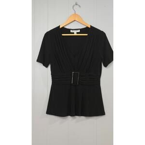 Womens Danny & Nicole Babydoll Top Blouse Black Empire Waist Buckle‎ V-Neck Sz 8